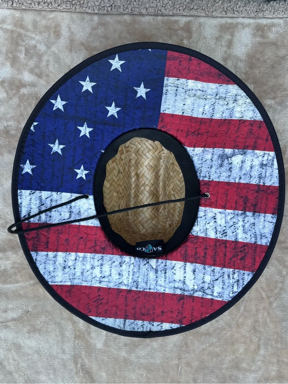 SA Company 100% Straw Lifeguard Sun Hat with Black Trim American Flag Underbrim
